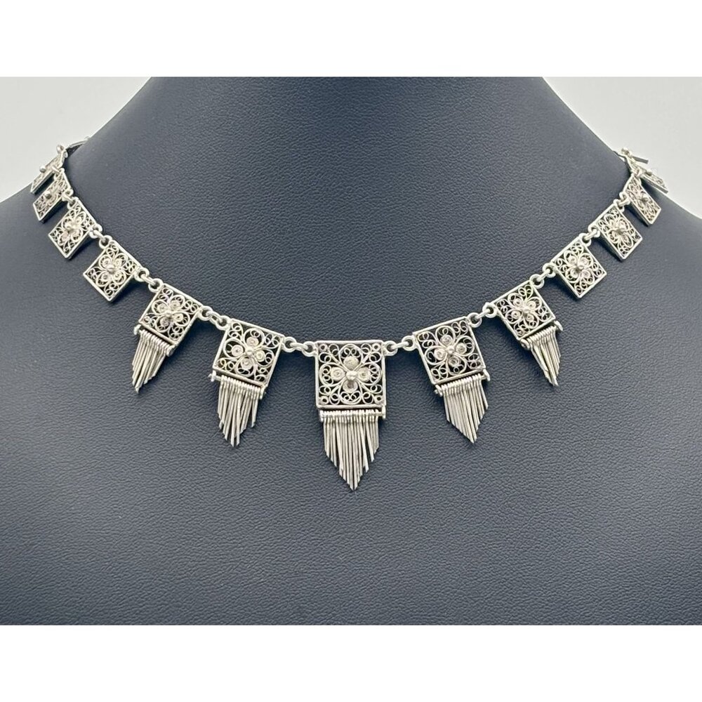 Vintage European Silver Delicate Filigree Squares Components With Dangles Collar - Picture 5 of 13